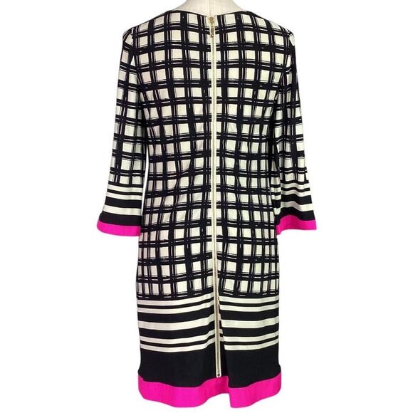 Eliza J Shift Dress Womens 8 Black Ivory Pink Trim Geometric 3/4 Sleeve Stretch - Picture 6 of 9